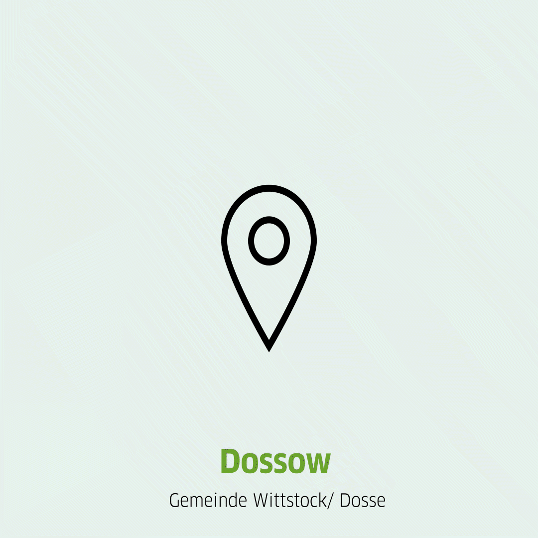 Springende Pinnnadel und Aufschrift des Standortes Dossow