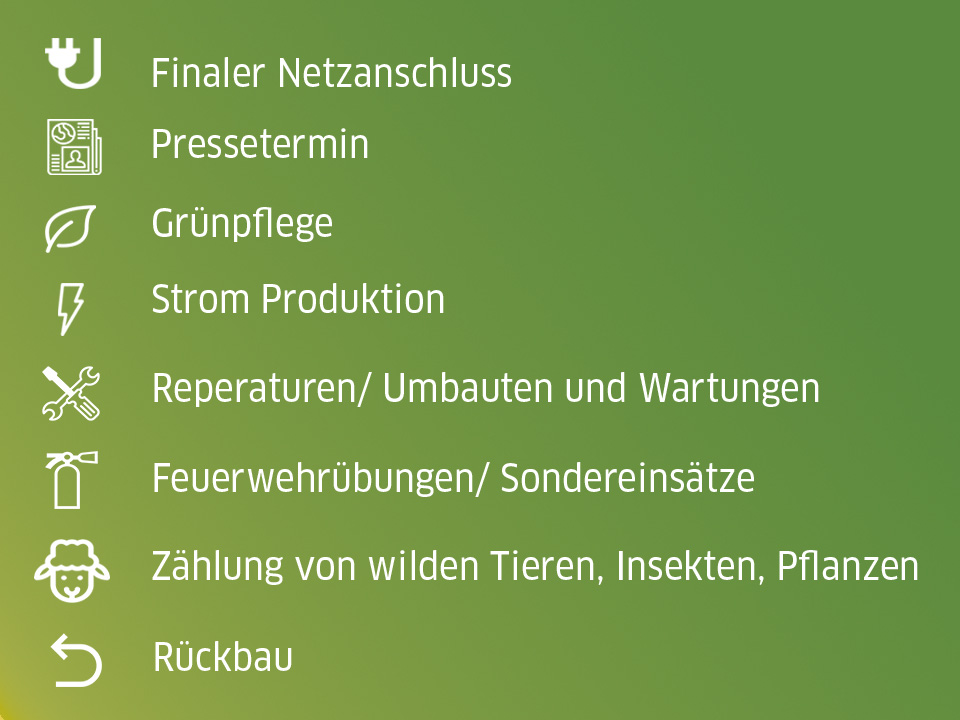 Grüner Farbverlauf -auf dem die Arbeiten zu sehen sind, welche während des Betriebes des Solarparks zu erledigen sind
- Netzanschluss
- Pressetermin
- Grünpflege
- Reperaturen, Umbauten und Wartungen
- Feuerwehrübungen
- Zählung von wilden Tieren, Insekten und Pflanzen
- Rückbau